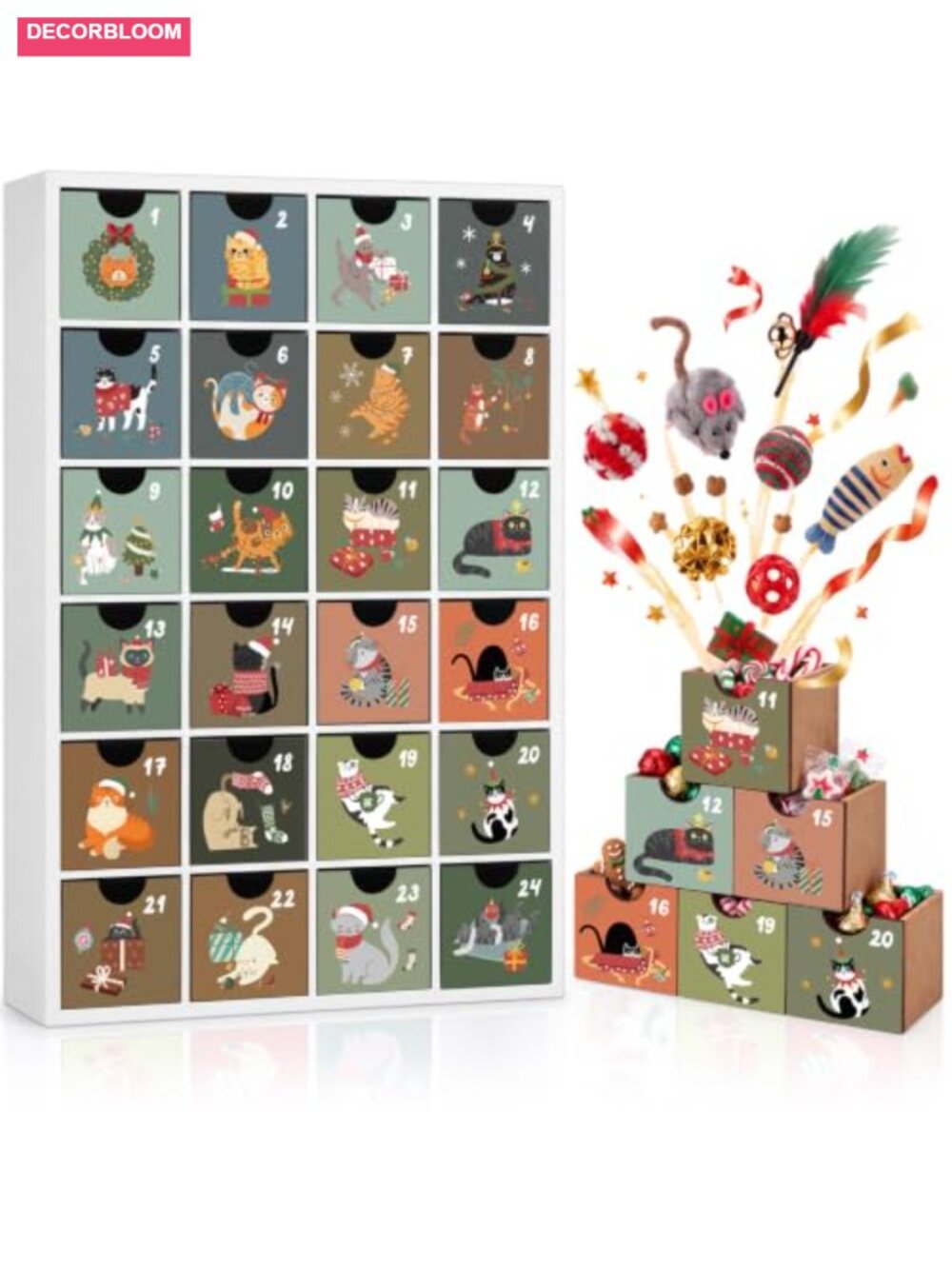 Wooden Cat Advent Calendar 24 Drawers Reusable Christmas Countdown